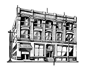 Old vintage hotel or shop building hand drawn sketch in doodle style
