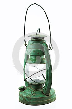 Old or vintage hurricane lamp on white background, Material corrosion of lamp material