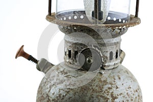 Old or vintage hurricane lamp on white background, Material corrosion of lamp material