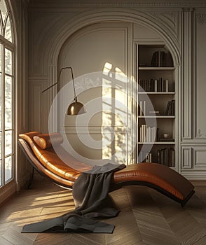 The old vintage interior of this luxury space boasts a distinctive orange leather dofa