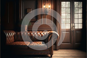 Old vintage interior with Retro brown leather couch. generative AI