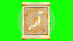 Old vintage Japan map opening animation movie 4K, MP4. Green background for transparent use