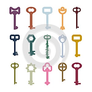 old vintage keys set. Color clues from ancient castles. Door vintage key collection