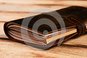 Old vintage leather book on wooden background