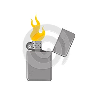 Old vintage lighter with fire. Vector