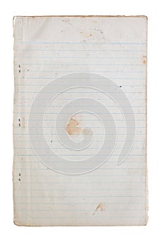 Old vintage lined paper stack binding with metal stapler and on white background