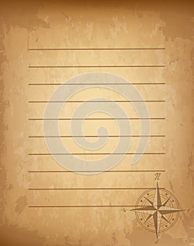 Old vintage lined paper with wind rose compass sign. Highly detailed illustration