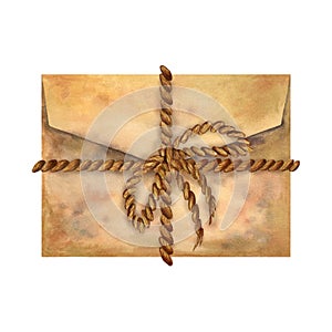 Old vintage mail envelope of beige parchment paper tied with a brown rope and a bow in an antique style. Watercolor