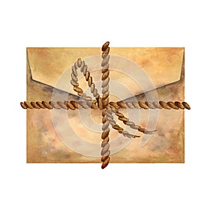 Old vintage mail envelope of beige parchment paper tied with a brown rope and a bow in an antique style. Watercolor