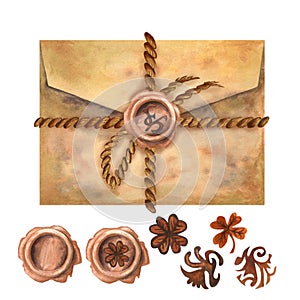 Old vintage mail envelope of beige parchment paper tied with a brown rope and a bow in an antique style. Watercolor