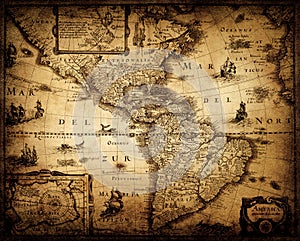 Old vintage map. Pirate and nautical theme grunge background.