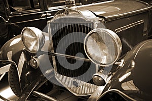 Old vintage metal details car in the museum close-up