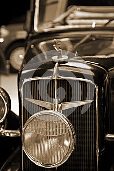 Old vintage metal details car in the museum close-up