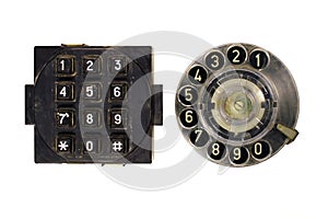 Old vintage phone dial and button keypad isolated on white