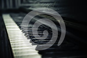 Old,  vintage,    piano.  Close-up of piano keys, selective focus.