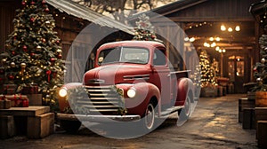 Old Vintage Pick-up Truck Parked Outside Festively Decorated Barn Shop. Generative AI