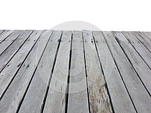 Old vintage planked wood table in perspective isolated on white