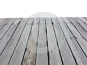 Old vintage planked wood table in perspective isolated on white
