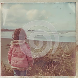 Old Vintage Polaroid. Little girl in a pink jacket by the sea. Photo in old image style. Childhood memories.