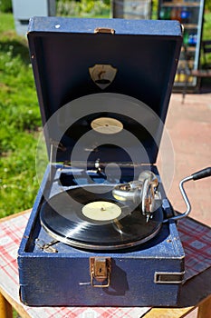 Old Vintage Portable Record Player for Reproducing Sound from Gramophone Records