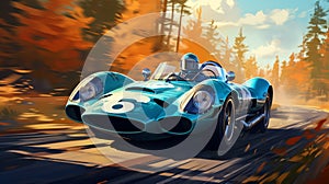 An old vintage racing car rushes along the track. ai generative