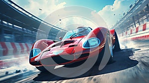 An old vintage racing car rushes along the track. ai generative