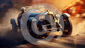 An old vintage racing car rushes along the track. ai generative