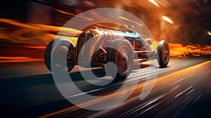 An old vintage racing car rushes along the track. ai generative