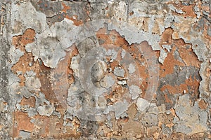 Old Vintage Red Brick Wall with Distressed Peeling Paint and Rustic Texture for Background Design