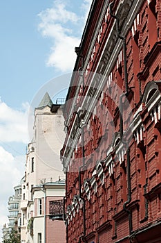 Old vintage red house in the city