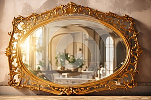 Old vintage retro antique mirror in gold frame. ai generative