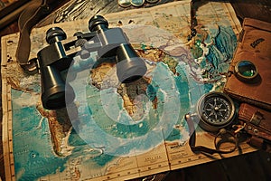 Old vintage retro compass and binoculars on ancient world map. Travel geography navigation concept background.