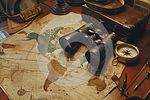 Old vintage retro compass and binoculars on ancient world map. Travel geography navigation concept background.