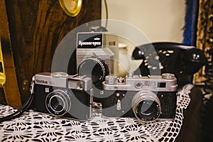 Old vintage retro film cameras, selective focus