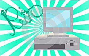 Old, vintage, retro, hipster, antique, disco, gray, bright, beautiful computer with floppy on a background of green gradient rays