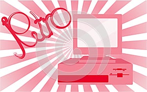 Old, vintage, retro, hipster, antique, disco, pink, bright, beautiful female computer with floppy on a background of pink gradient