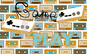 Old vintage retro hipster antique game controller gameplay 70`s, 80`s, 90`s on a background audio cassettes. Vector illustration