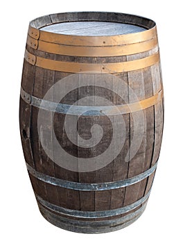 Old vintage retro wooden wine barrel with metallic iron rings isolated cutout on white background