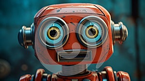 Old vintage robot toy of red color and scared with blue eyes