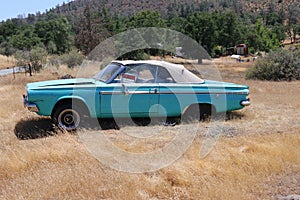 Old, vintage, rusted blue car sits in a field in rural northern California with a for sale sign in the window.