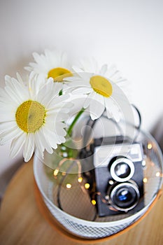 Old vintage rustic camera with a bouquet of daisy flowers on a wooden board