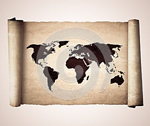 Old vintage scroll with the world map isolated on