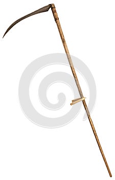Old vintage scythe for grass isolated on white photo