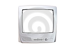 Old vintage silver TV 1980s, 1990s, 2000s with white screen isolated on white background.