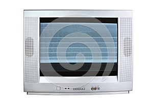 Old vintage silver TV set from 1980s, 1990s, 2000s with noise and interference on the screen isolated on white background.