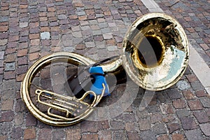 Old and vintage sousaphone on street photo