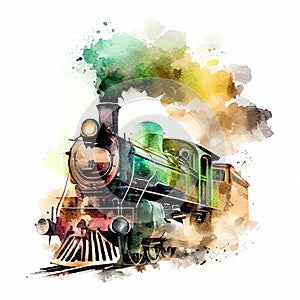 Old vintage steam locomotive isolated on white background watercolor hand drawn illustration Transport