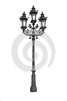 Old vintage street lamp isolated on white background. Vintage street lamppost