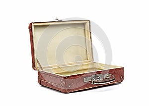 Old vintage suitcase opened front isolated on white