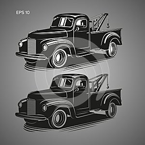 Old vintage tow truck vector illustration. Retro service vehicle. Black white and black transparent set